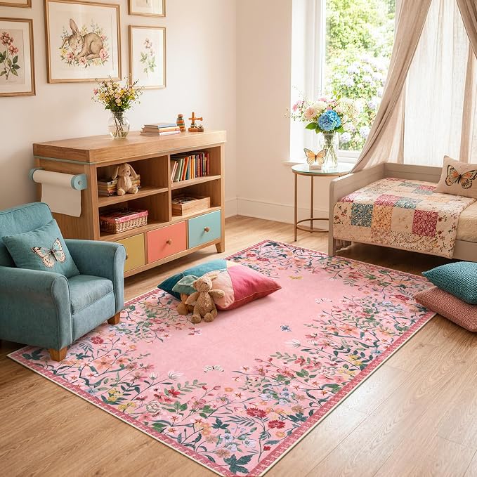 Wonnitar 4x6 Washable Area Rug, Pink Rug for Girls Bedroom, Boho Floral Nursery Rug, Non Slip Accent Carpet for Kids Room, Farmhouse Flower Dorm Vanity Indoor Decor (4x6 Pink)
