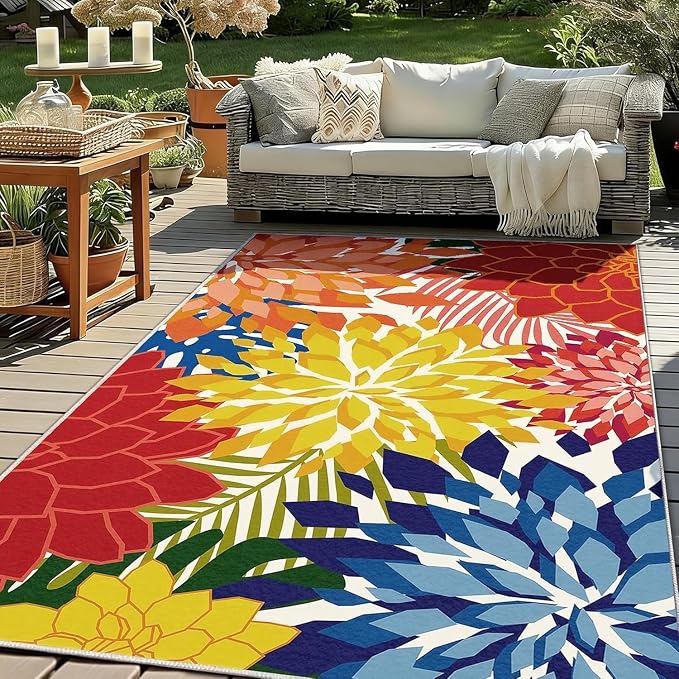ZonLi Outdoor Rug 9x12Ft Waterproof Multicolored Indoor Area Rug Washable Outdoor Patio Rugs Tropical Floral Non Slip Outdoor Carpet for Living Room, Pool,Backyard,Deck,Camping.