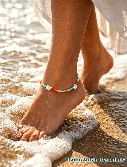 Ursumy Boho Ankle Bracelets for Women Summer Beaded Anklets Chain Beachy Flower Foot Jewelry