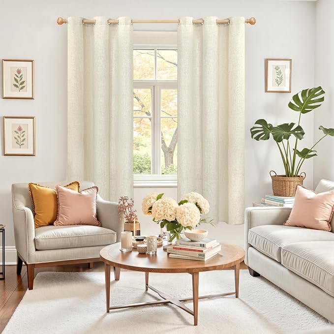 YoungsTex Beige Linen Curtains 63 Inch Length 2 Panels for Living Room, Semi Sheer Window Drapes Privacy with Grommet Rustic for Bedroom Country Office, 42 X 63 Inch