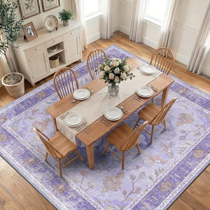 RELEANY Area Rugs Square 10ft Washable Non-Slip, Floral Vintage Distress Medallion Carpet for Living Room Bedroom Dining Room, Light Purple Brown