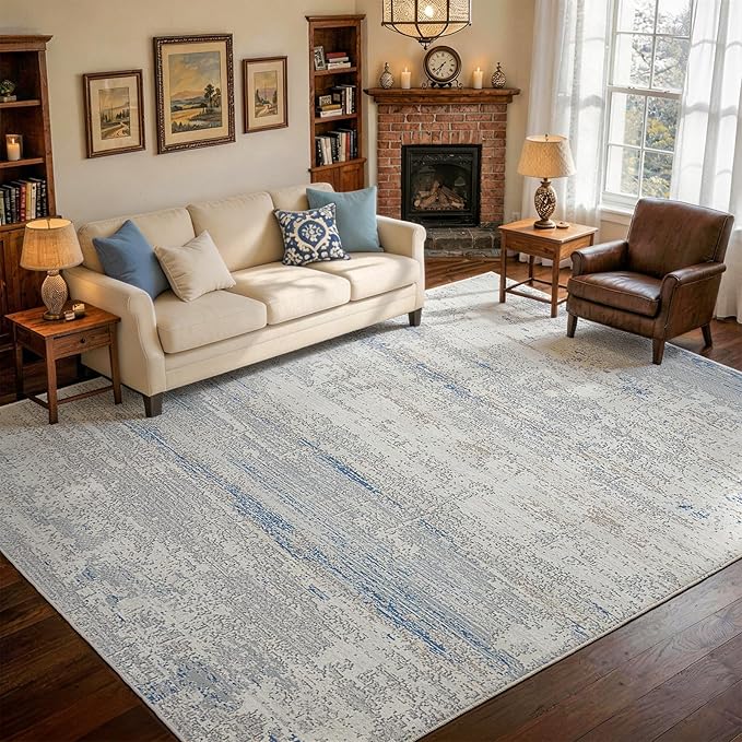 Washable Rugs 9x12 Area Rug for Living Room- Modern Abstract Rugs for Bedroom,Dining Room, Large Soft Low Pile Carpet with Non Slip Rubber Backing,Neutral Accent Rug for Nursery Home Office