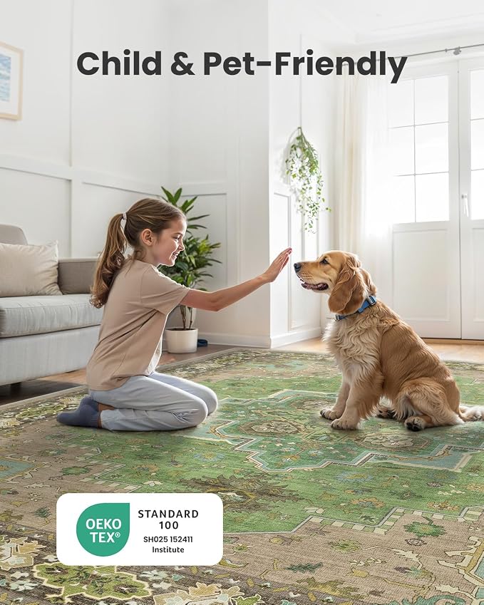 AMADA HOMEFURNISHING 9x12 Area Rug for Living Room, Vintage Washable Area Rug Low-Pile & Non-Slip Carpet for Bedroom Dining Room Nursery Home Office, Green