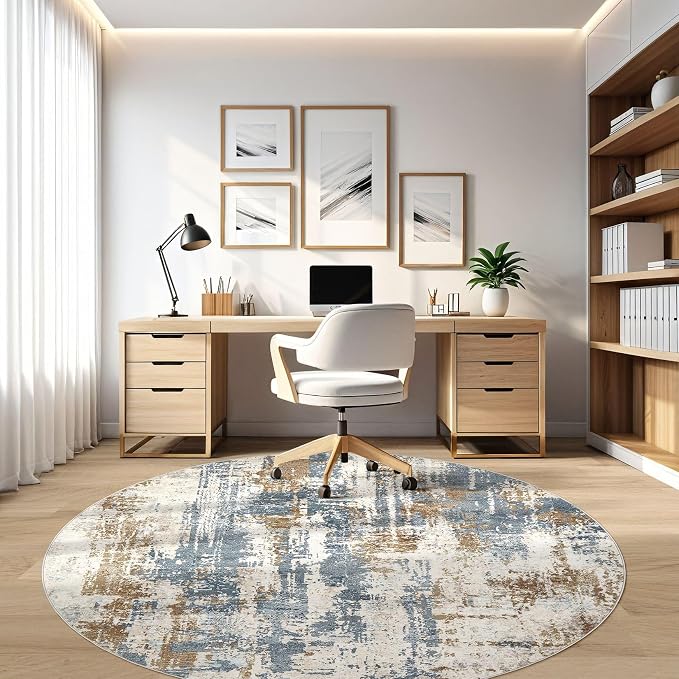 7ft Round Rug Living Room Rugs: 7x7 Washable Circle Large Abstract Modern Soft Stain Resistant Non Slip Indoor Floor Carpet for Bedroom Nursery Office Dining Room Dorm Home House- Tan Blue