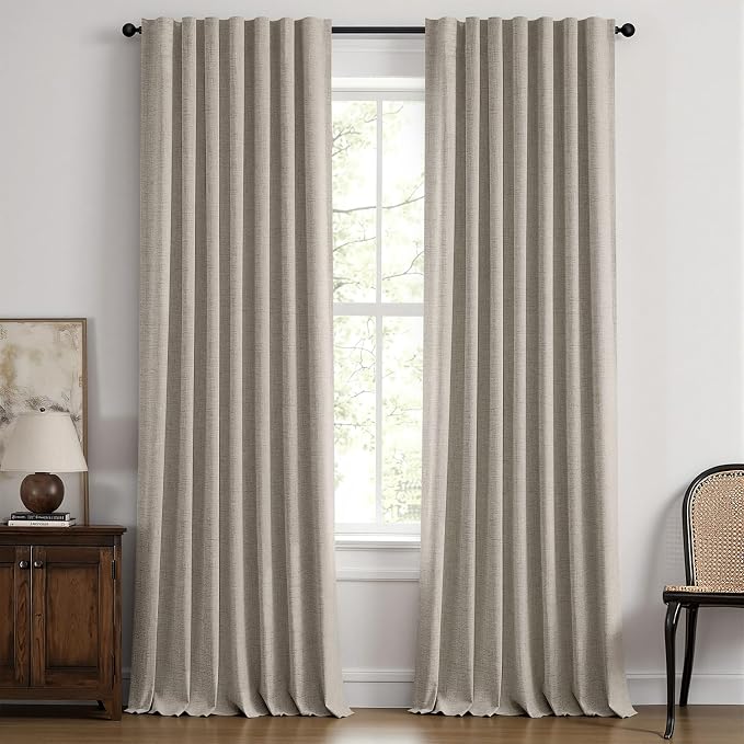 MIULEE 100% Blackout Linen Curtains 42 x 96 Inch Pebble Taupe 2 Panels | Thermal Insulated, Room Darkening Drapes for Bedroom Living Room, Back Tab Rod Pocket Pinch Pleated, Solid Luxury Decor