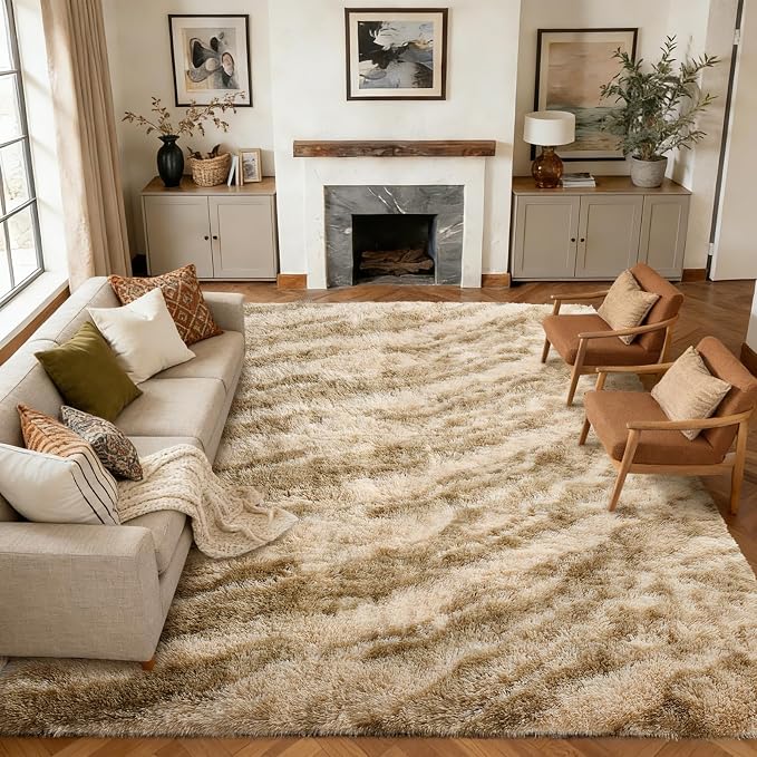 Extra Large 8x10 Area Rugs for Living Room Decor, Non-Slip Shaggy Tie-Dyed Rugs for Bedroom Kids Playroom Dorm Room, High Pile Ultra Soft Carpet, Khaki