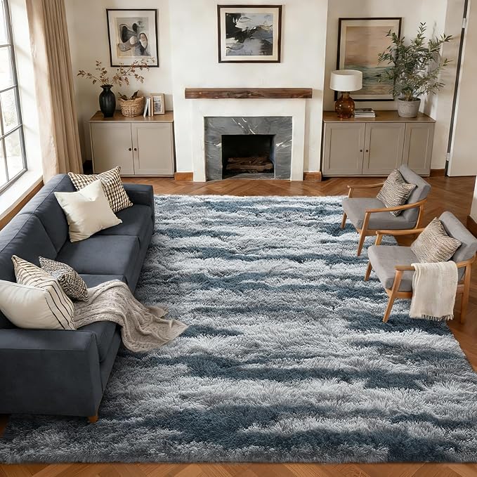 9x12 Extra Large Area Rugs for Living Room, Shaggy Non-Slip Tie-Dyed Rugs for Bedroom Kids Playroom Dorm Room, High Pile Ultra Soft Carpet, Blue