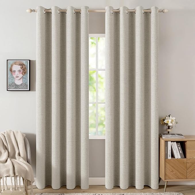 MIULEE 100% Blackout Linen Curtains for Bedroom Thermal Insulated Cobblestone Grommet Room Darkening Curtains & Drapes for Living Room 52 x 84 Inch (2 Panels)