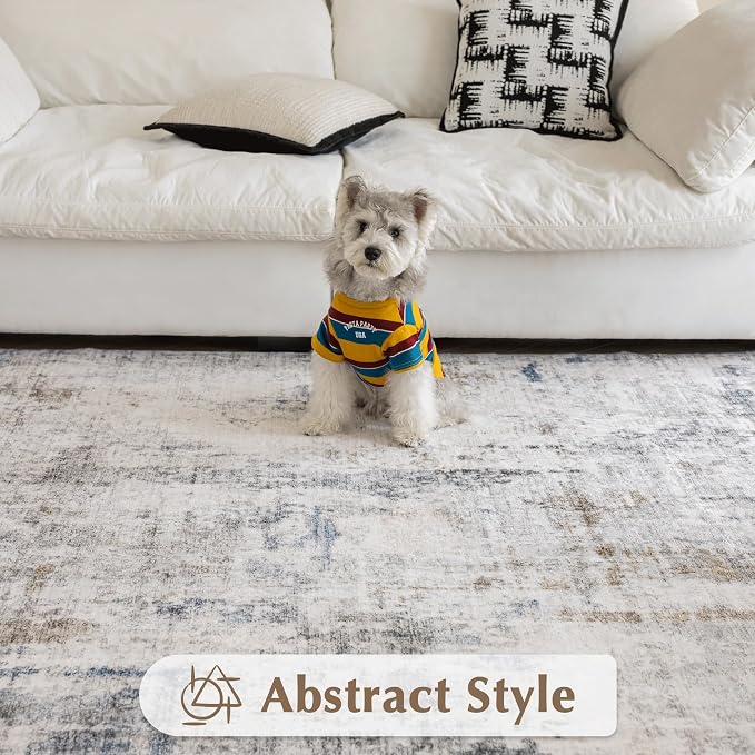 FMFUNCTEX 8x10 Washable Area Rug Brown Blue Neutral Abstract Modern Large Non Slip Carpet for Living Room Bedroom Soft Low Pile Indoor Mat Thin Accent Throw Rug for Dining Room Kitchen Office Nursery