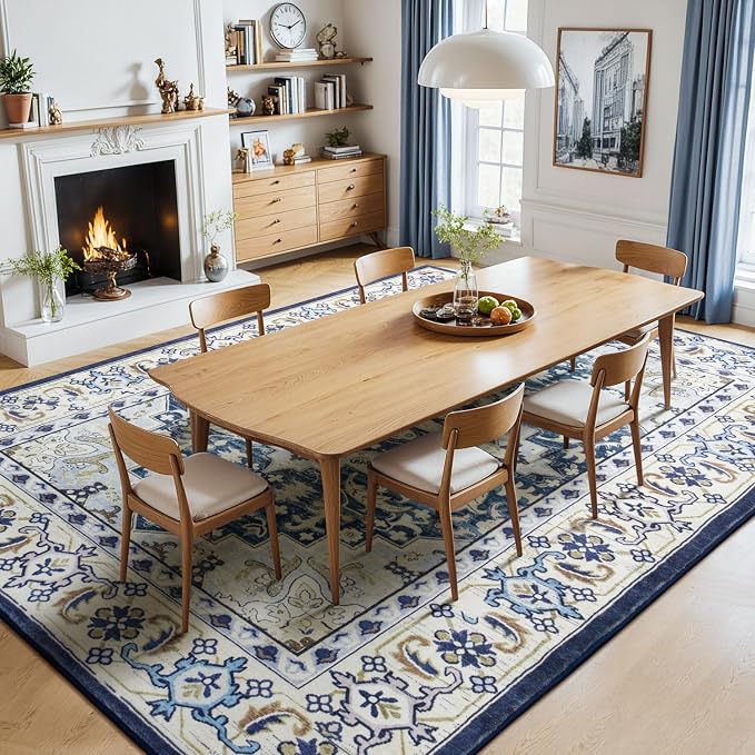 Lessymo 5x7 Area Rug for Living Room - Machine Washable Area Rugs, Super Soft Faux-Wool Area Rugs for Bedroom Kitchen, Boho Rug Vintage Floral Non-Slip Low Pile, Dark Blue