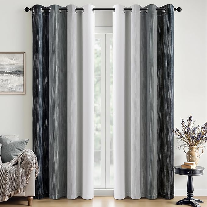 MIULEE Black and Greyish White Ombre Blackout Curtains, Full Room Darkening Thermal Insulated 96 Inches Long Drapes for Bedroom/Living Room Grommet Window Treatments Modern 52Wx96L, Set of 2