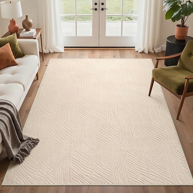 GENIMO Soft Washable Area Rugs 5x7, 3D Modern Stripe Textured Living Room Rug, High-Low Pile Non Slip Fuzzy Carpet, Non-Shedding Stain Resistant Thin Beige Carpet for Bedroom, Dining Room, Nursery