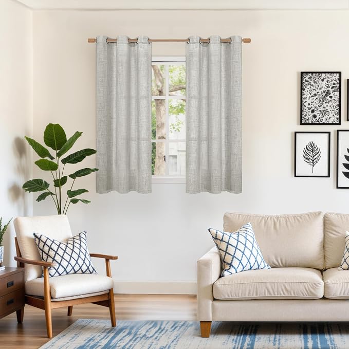 YoungsTex Light Grey Linen Curtains 48 Inch Length, Short Light Filtering Drapes Semi Sheer with Bronze Grommet Lightweight for Bedroom Living Room Windows, 42 x 48 Inch, 2 Panels