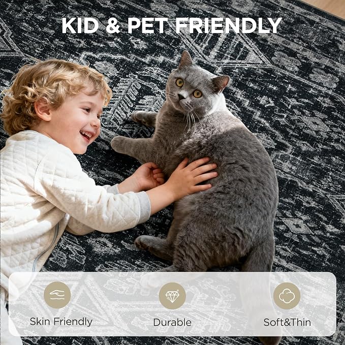 Joydeco 5x7 Area Rugs for Living Room, Non Slip Machine Washable Vintage Rug, Low Pile Thin Chenille Print Rugs for Bedroom, Dining Room, Pet & Child Friendly, Home Office, Dark Gray&Light Gray&Black