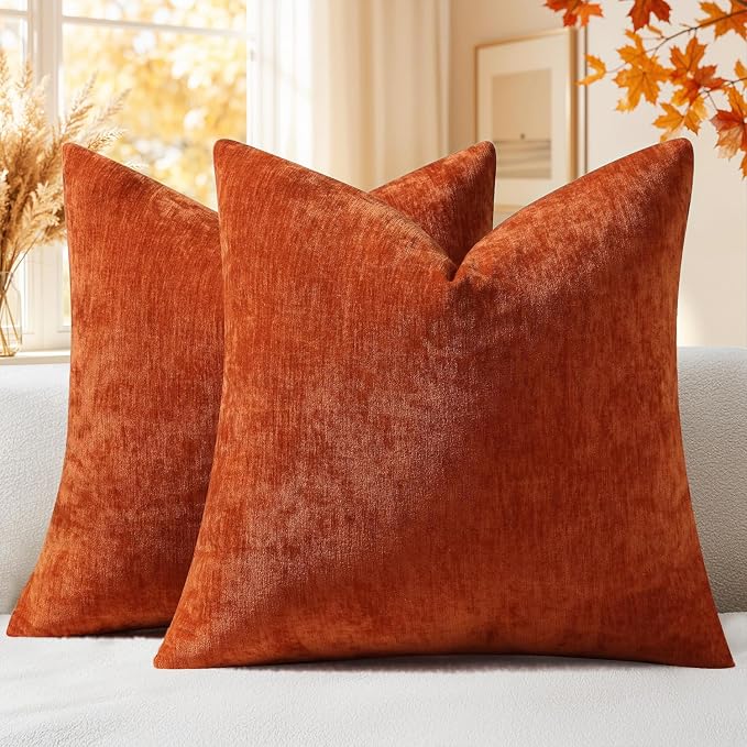 decorUhome Soft Chenille Rust Throw Pillow Covers 16X16 Set of 2 | Decorative Fall Couch Pillow Covers Solid Dyed Accent Modern Farmhouse Neutral Square Pillow Cases for Sofa
