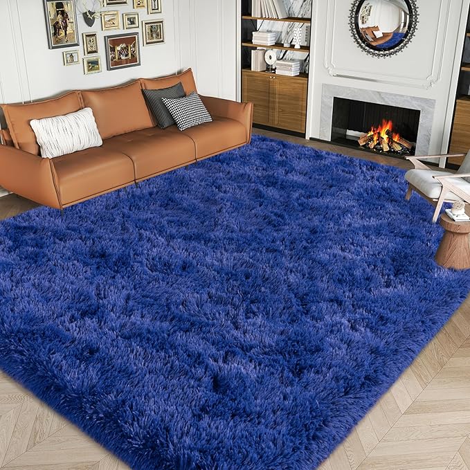 Dssimo Blue Fluffy Rugs for Living Room Bedroom, 8x10 Shaggy Area Rug | Large Plush Furry Upgrade Non-Slip Blue Area Rug for Nursery Kids Room Dorm Room Home Decor, Indoor Floor Carpet