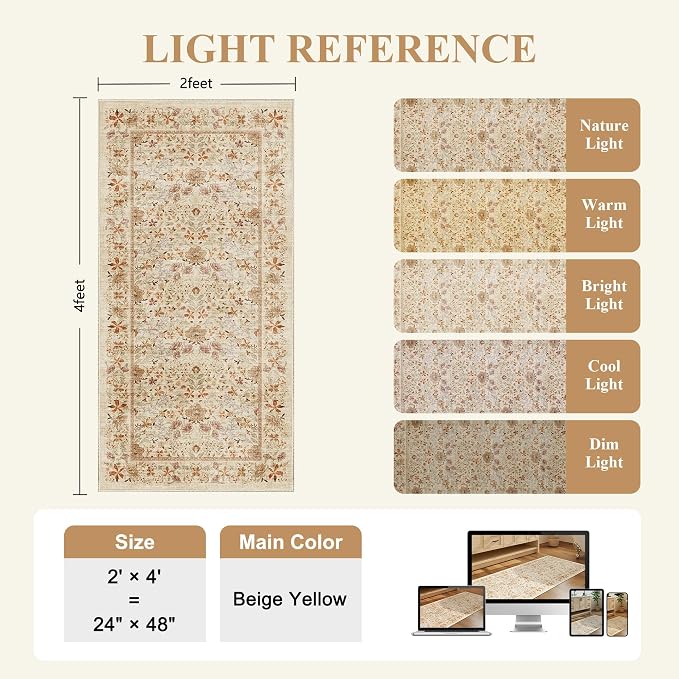 DUKINO 2x4 Rug, Washable Vintage Floral Bathroom Runner Rug, Beige | Non Slip, Low Pile, Stain Resistant, Aesthetic Lightweight Soft Indoor Carpet for Kitchen Entryway Hallway Bathroom Bedroom