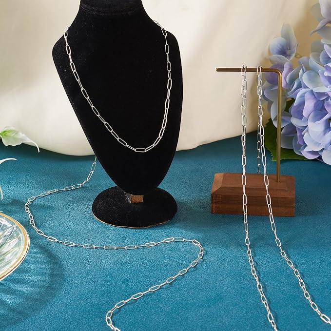 3.28 Feet Sterling Silver Paperclip Chain Paperclip Link Necklace Oval Cable Chain with Velvet Polishing Cloth Permanent Bracelet Kit 8.5x3mm for Women Men Necklace Jewelry Making