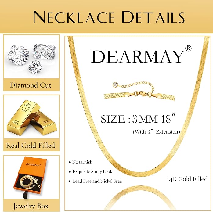 DEARMAY 14K Gold Plated Herringbone Necklaces for Women, Dainty Gold Snake Choker Chain Non Tarnish Trendy Simple Thin & Chunky Options Neckalce 1.5/3/5/6/8mm Chain Jewelry for Gifts