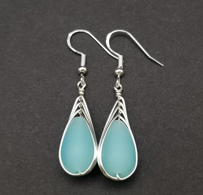 Handmade Sea Glass Earrings, Hawaiian Jewelry, Wire Braided Earrings Teardrop Earrings, Beach Jewelry Sea Glass Jewelry For Women Birthday Gift