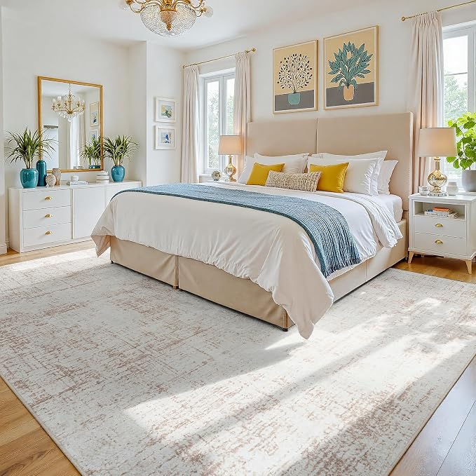 10x14 Area Rugs for Living Room Washable Rug: Anti-Skid Abstract Modern Living Room Rug Soft Thin Carpets Indoor Floor Non-Shedding Carpet for Bedroom Dining Farmhouse Nursery Home Office Beige White