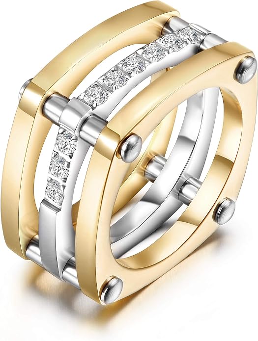 CIUNOFOR Square Chunky Cocktail Ring for Women, Gold Plated Stainless Steel CZ Statement Ring, Bold Wide Style, Sizes 6–11