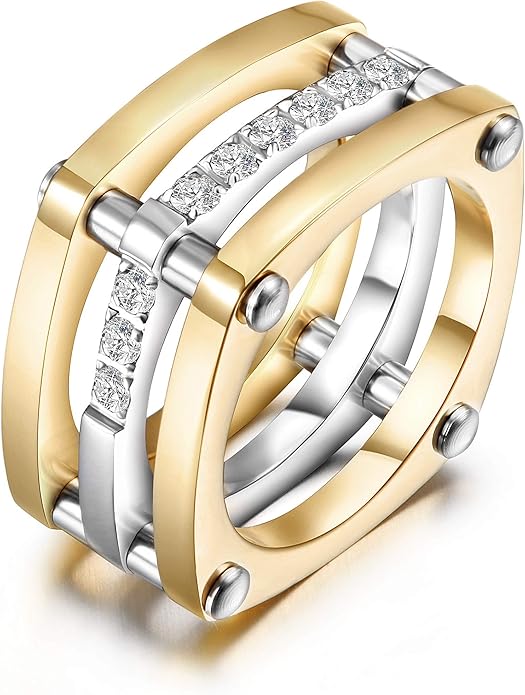 CIUNOFOR Square Chunky Cocktail Ring for Women, Gold Plated Stainless Steel CZ Statement Ring, Bold Wide Style, Sizes 6–11