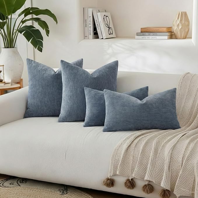 decorUhome Soft Chenille Haze Blue Throw Pillow Covers 16X16 Set of 2 | Decorative Fall Couch Pillow Covers Solid Dyed Accent Modern Farmhouse Neutral Square Pillow Cases for Sofa