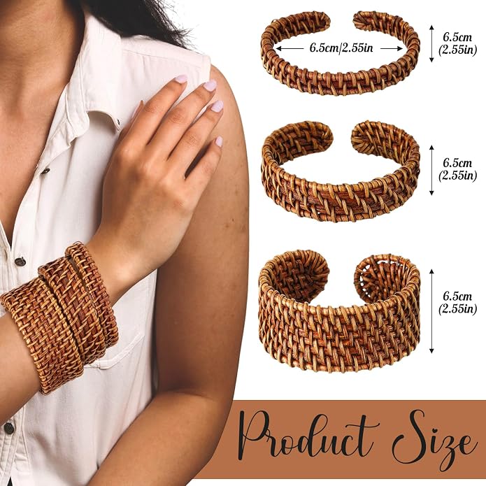 Landical 3 Pcs Handwoven Wooden Braided Rattan Knit Cuff Bracelet Adjustable Bohemian Chunky Wrap Bangle for Women Summer Ethnic Tribal Wrist Jewelry