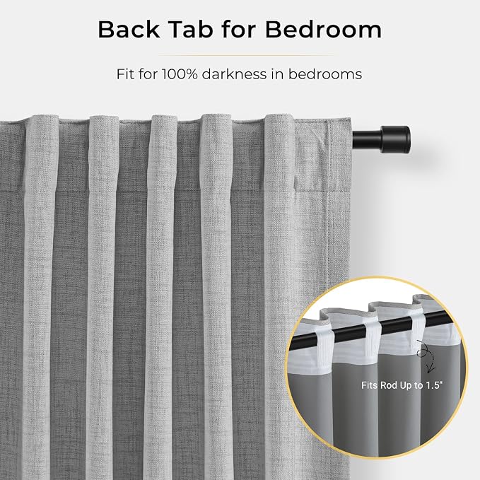 INOVADAY 100% Blackout Curtains for Bedroom, Grey Black Out Curtains 102 Inch Long, Clip Rings Linen Blackout Drapes, Thermal Insulated Room Darkening for Living Room, 2 Panels - W50xL102