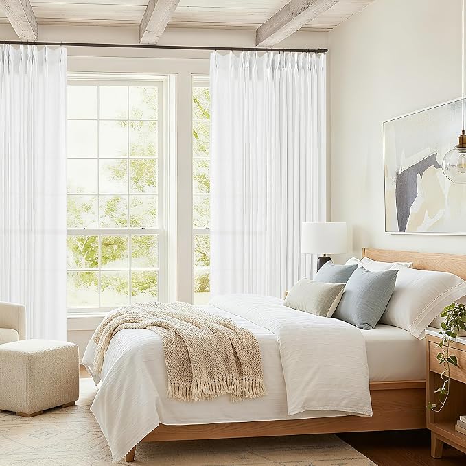 Ivory Pinch Pleated Curtains 100 Width 102 Inches Long Extra Wide | Light Filtering Semi Sheer, 100x102 Drapes, for Living Dining Room Patio Sliding Door Curtain, with Hooks Rings, Birch