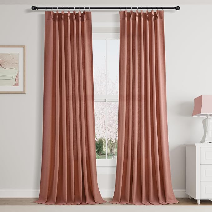 Aersas Canyon Rose Pinch Pleated Linen Curtains 108 Inch Length 2 Panels for Living Room Bedroom Semi Sheer Window Curtain Boho Neutral Back Tab Pinch Pleat Drape with Hooks 40x108