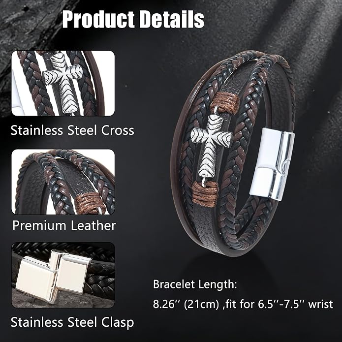 Men's Cross Leather Bracelet Vintage Christian Religious Faith Cuff Bangle Multi-Layer Braided Genuine Leather Wrap Wristband with Stainless Steel Clasp Jewelry for Women Him or Her
