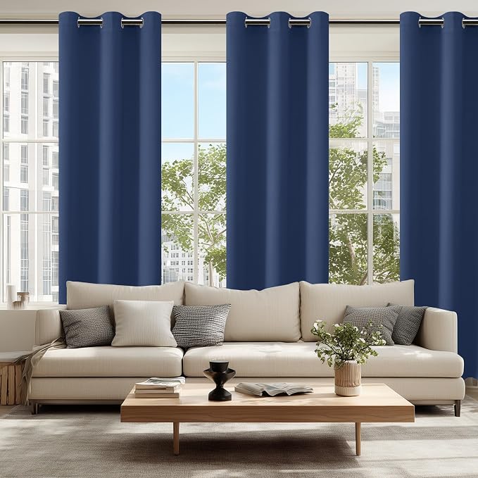 Hiasan Blackout Curtains for Bedroom, 38 x 84 Inches Long - Thermal Insulated & Energy Saving Window Curtains for Living Room, 2 Drape Panels Sewn with Tiebacks, Navy