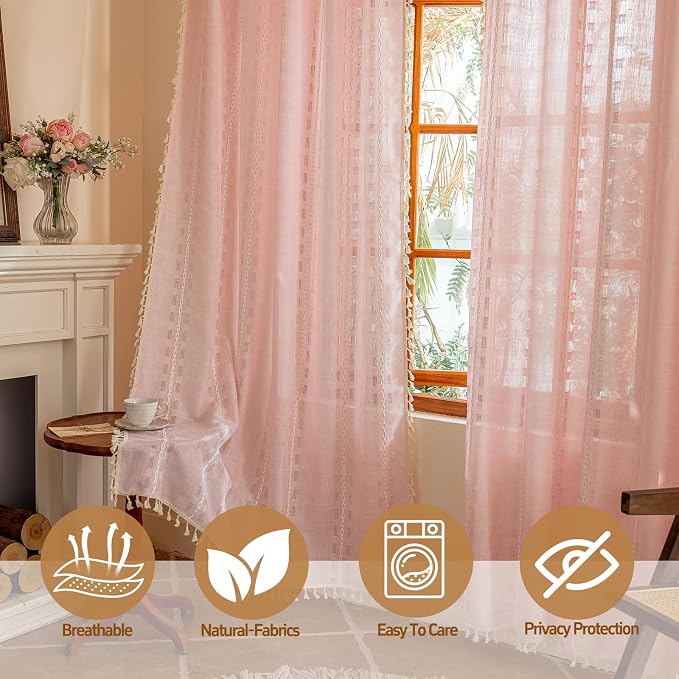 Pink Boho 96 inch Curtains 2 Panel Set for Living Room Dining room Floor to Ceiling, Girl Light Filtering Tassels Privacy Country Vintage Embroidery Bohemian Stripes Window Treatment Back Tab, 50"W