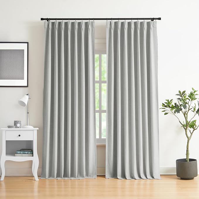 WEST LAKE 95 Inch Pinch Pleated Full Blackout Curtain Panels for Bedroom Living Room,Light Grey Linen Blended Room Darkening Drapes,Modern Window Treatment,Back Tabs Hooks,40" Wx95 L(Pack of 2)