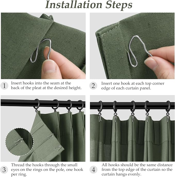 Aersas Olive Green Pinch Pleated Linen Curtains 84 Inches Long for Living Room with Hooks Back Tab Light Filtering Boho Forest Hunter Moss Sheer Green Curtain 84 Inch Length for Bedroom
