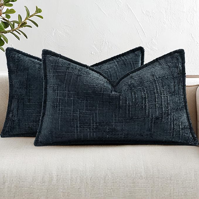 decorUhome Chenille Throw Pillow Covers 12x20 Set of 2,Dark Teal | Soft Texture, Slubby Modern Design, Flange Edges, Cozy Lumbar Accent Pillow Covers for Couch, Sofa, Bed, Living Room