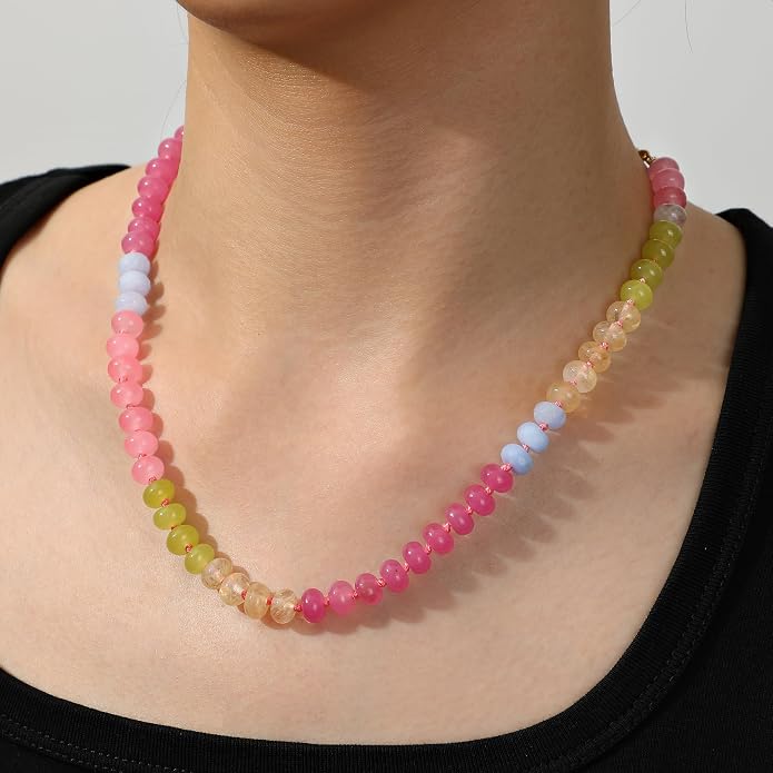 LALAPPLE Colorful Beaded Gemstone Necklace for Women, Boho Rainbow Bead Choker with Natural Stone Crystal Beads, Handmade Summer Beach Necklace Jewelry