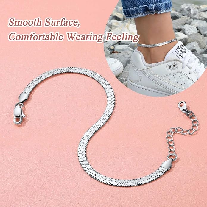 FindChic Elegant Herringbone Snake Chain Anklets/Bracelets 3MM/5MM Width Stainless Steel/18K Gold/Rose Gold Plated/Black 4 Color Options, 8.3'' 8.5'' 10.5'' Length, with Gift Box