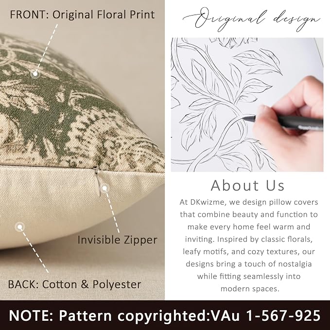 Vintage Floral Print Throw Pillow Covers 16x16 Set of 2 Neutral Modern Farmhouse Accent Decorative Cushion Covers Boho Home Decor for Couch Sofa Chair Bed Living Room, Olive Green