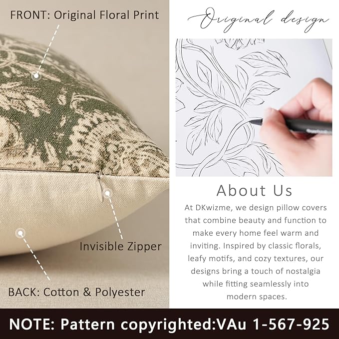 Vintage Floral Print Throw Pillow Covers 20x20 Set of 2 Neutral Modern Farmhouse Pillowcase Accent Decorative Cushion Covers Boho Home Decor for Couch Sofa Chair Bed Living Room, Olive Green