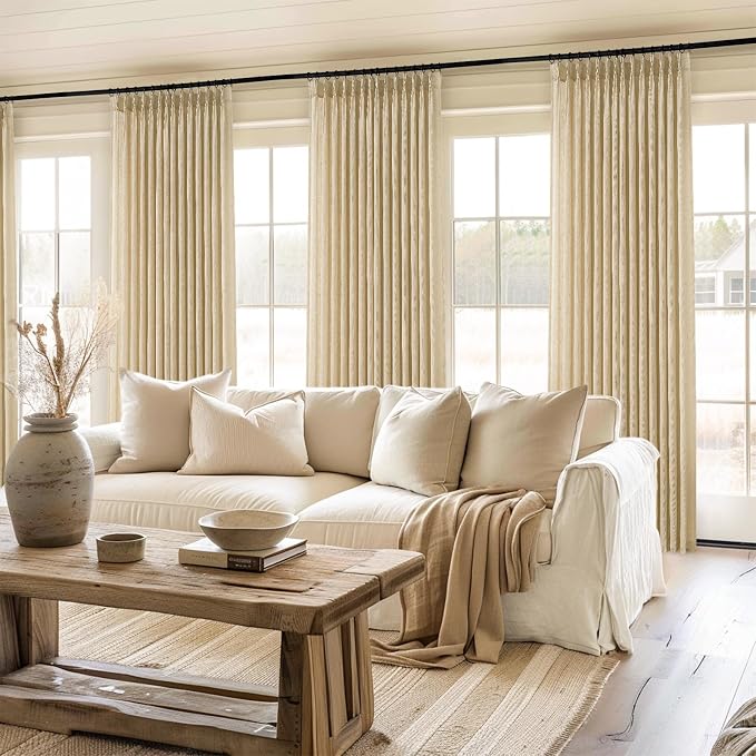 Topfinel Pinch Pleated Curtains 90 Inches Long 2 Panels Set,Beige Semi Sheer Cotton Blend Linen Burlap Farmhouse Modern Light Filtering Curtain Drapes for Living Room Bedroom,40x90 inch Length