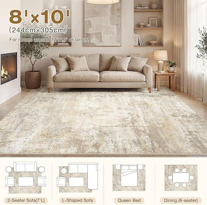 cotiled 8x10 Area Rugs Abstract Soft Non Slip Washable Living Room Rug | Stain Resistant, Robot Vacuum & Pet Friendly, Low-pile, For Living Room, Bedroom, Dining Table, Nursery Beige