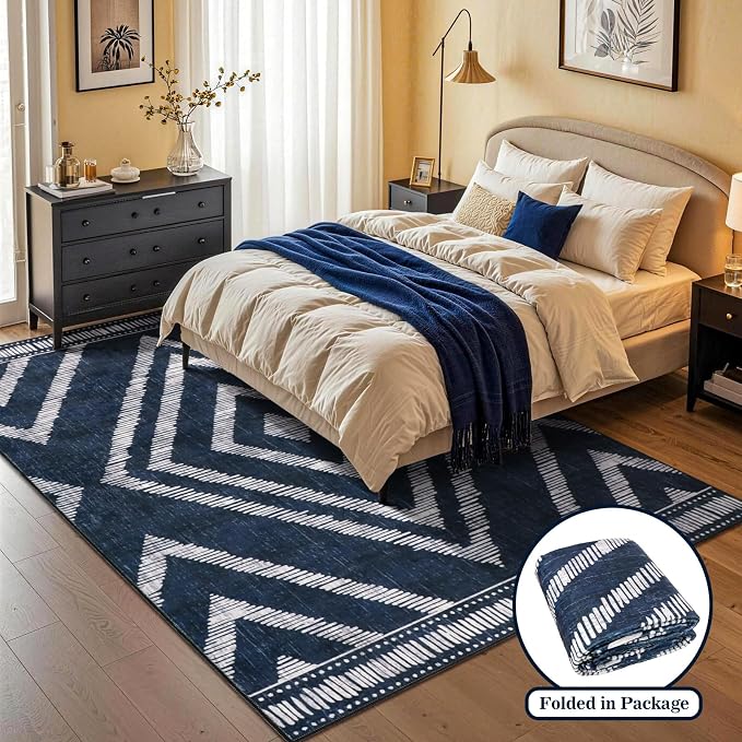 Boho Washable Rugs 5x7ft for Living Room, Navy Blue Thin Bedroom Area Rugs Non Slip, Moroccan Soft Kids Nusery Area Floor Carpets for Dining Room Playroom Kitchen Home Office Decor