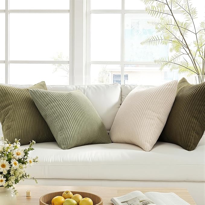 Topfinel Green White Spring Pillow Covers 18x18 Inch Set of 4 Boho Nordic Cushion Covers Soft Corduroy Home Decor for Couch Bed Sofa Living Room