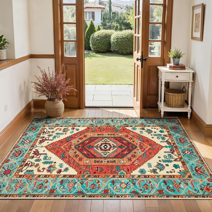 SERISSA Boho Area Rugs for Entryway, 3x4 Washable Non-Slip Kitchen Rug, Ultra Soft Print Distressed Orange Rug Low-Pile Throw Door Mat Indoor Entrance Carpet for Bedroom Living Room Dorm Decor