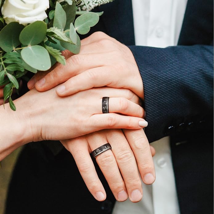 Forest Rings for Men 8 mm Black Plated Wedding Band with Wood Liner Comfort Fit