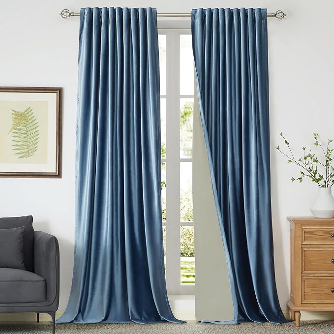 PRIMROSE Full Blackout Velvet Curtains 102 inch Long for Living Room,2 Panles Stone Grayish Blue Liner Rod Pocket Back Tab Thermal Window Curtains Room Darkening Curtain Drapes for Bedroom