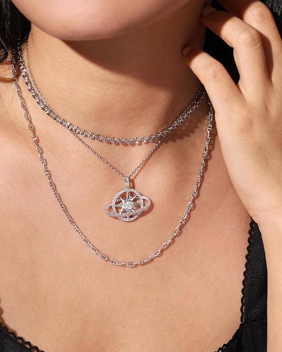FANCIME Stellar Promise Birthstone Necklace for Women White Gold Plated Sterling Silver Planet Star Pendant Fine Jewelry Anniversary Birthday Mothers Day Gifts for Women Wife Friend Her